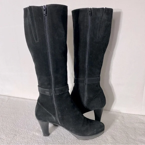 Vintage 90s C La Canadienne Black Suede Round Toe Chunky Heel Knee High Boots 10 - Picture 12 of 14